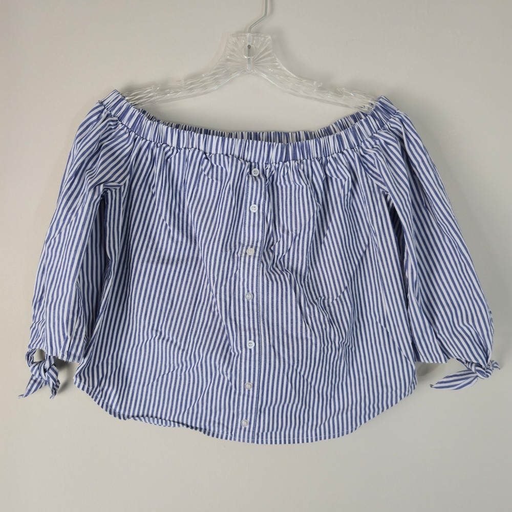 Striped Off The Shoulder Button Front Tie Sleeve Top Medium